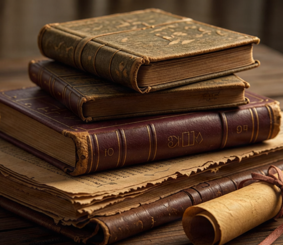 Stack of old manuscripts and books.